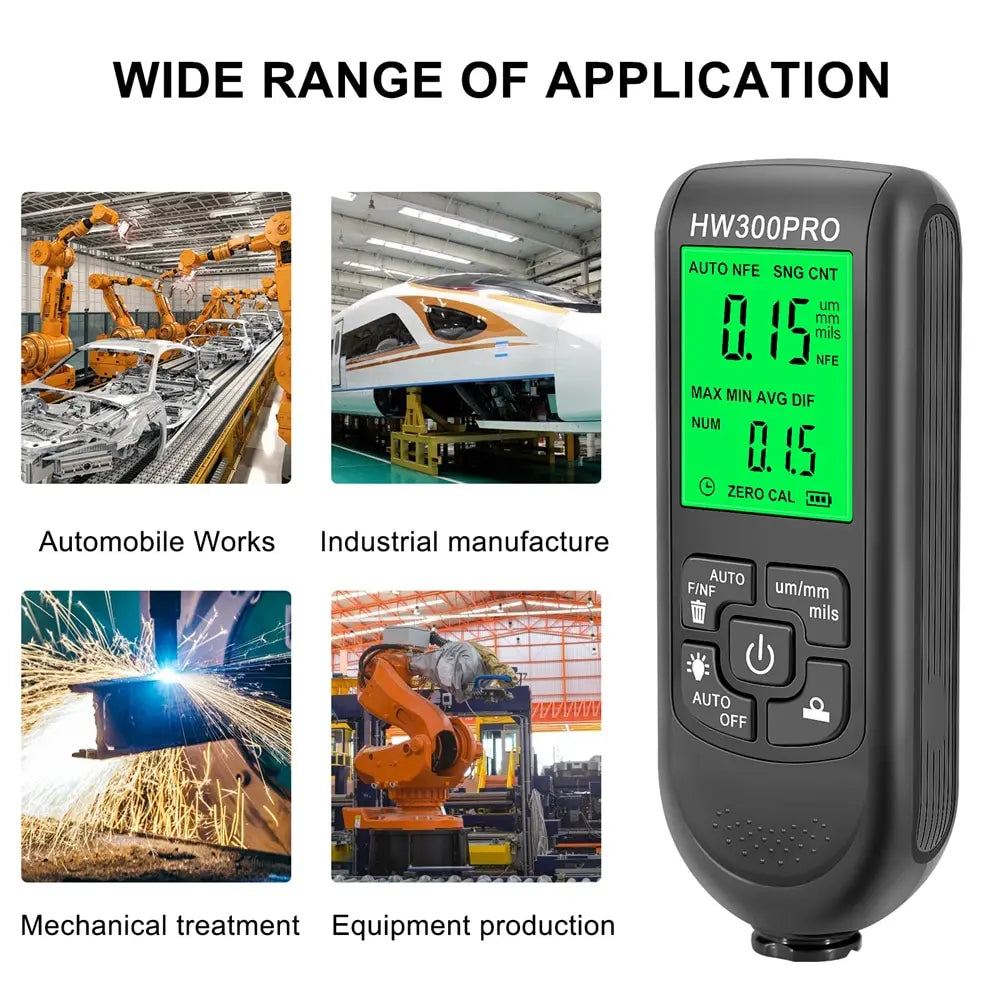 Digital Metal Coating Thickness Tester - HW-300 Electroplate Gauge for Car Paint, 0-2000um Range with Fe and NFe Probe