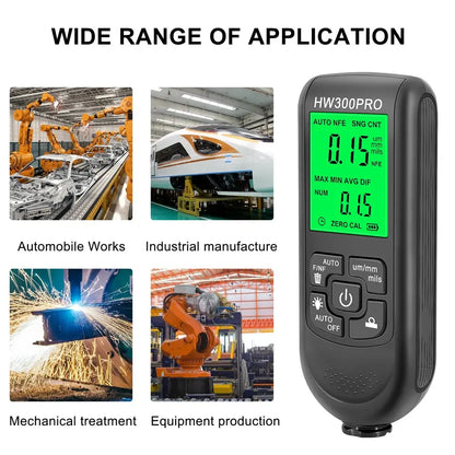 Digital Metal Coating Thickness Tester - HW-300 Electroplate Gauge for Car Paint, 0-2000um Range with Fe and NFe Probe