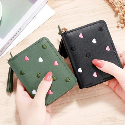 Pu Leather Mini Wallet for Women - Multifunctional Money Clip with Love Embroidery and Certificate Storage