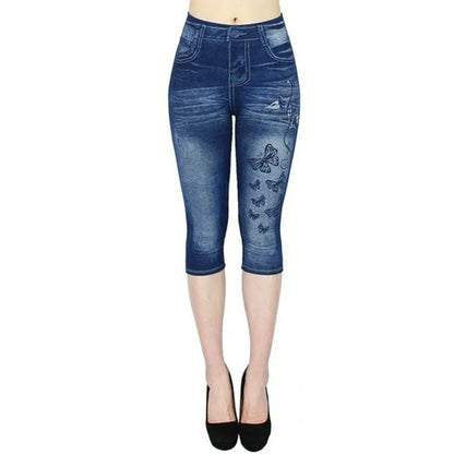 Women's Faux Denim Print Leggings - High-Waisted Stretch Cropped Pants for Casual & Outdoor Wear
