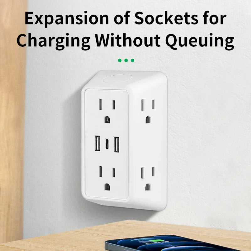 9-in-1 Power Strip – 2 USB Sockets, 1 Type-C Socket, 6 AC Sockets, Compact Wall Plug Power Expander