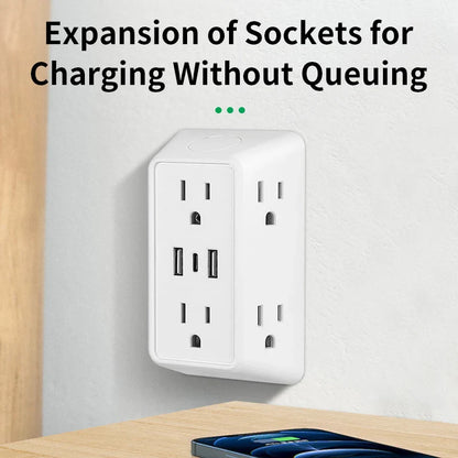 9-in-1 Power Strip – 2 USB Sockets, 1 Type-C Socket, 6 AC Sockets, Compact Wall Plug Power Expander
