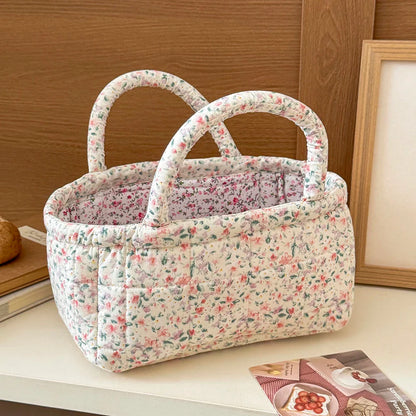 Cute Pink Flower Quilted Storage Basket with Handle – Foldable Home Organizer for Pet Toys & Room Storage