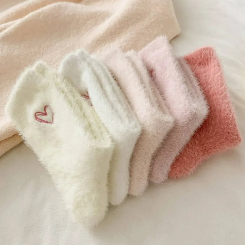 Thickened Pink Mink Fur Heart Embroidered Socks — Women’s Autumn Winter Warm Plush Mid-Tube Home Sleep Socks