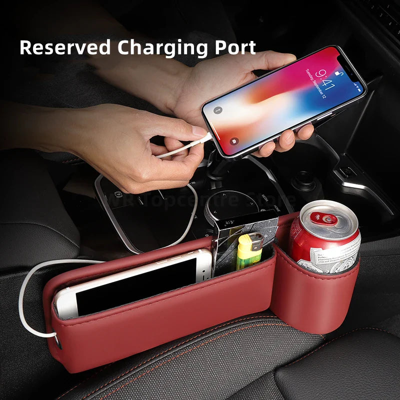 Leather Car Seat Gap Organizer – Multifunction Console Crevice Filler, Side Storage Box with Cup Holder, Car Interior Storage Pocket