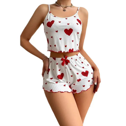 Women's Pajamas Set – 2 PCS Sleepwear with Short Tank Tops & Shorts, Soft & Ventilated, S-M-L, White with Love Printing