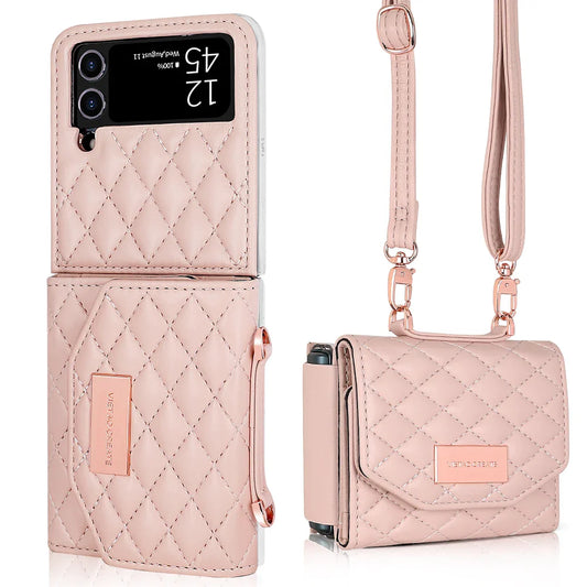 VIETAO Leather Wallet Phone Case with Crossbody Strap — Pink Purse Case for Samsung Galaxy Z Flip 3/4/5/6/7