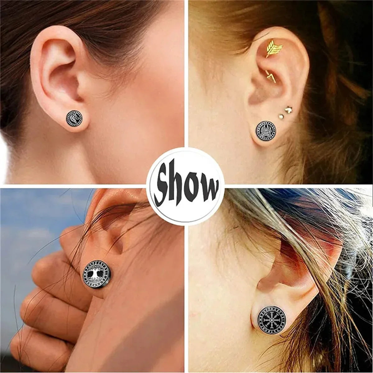 2pcs 18G Stainless Steel Viking Rune Stud Earrings – For Men & Women, Cartilage Tragus Helix Piercing Jewelry