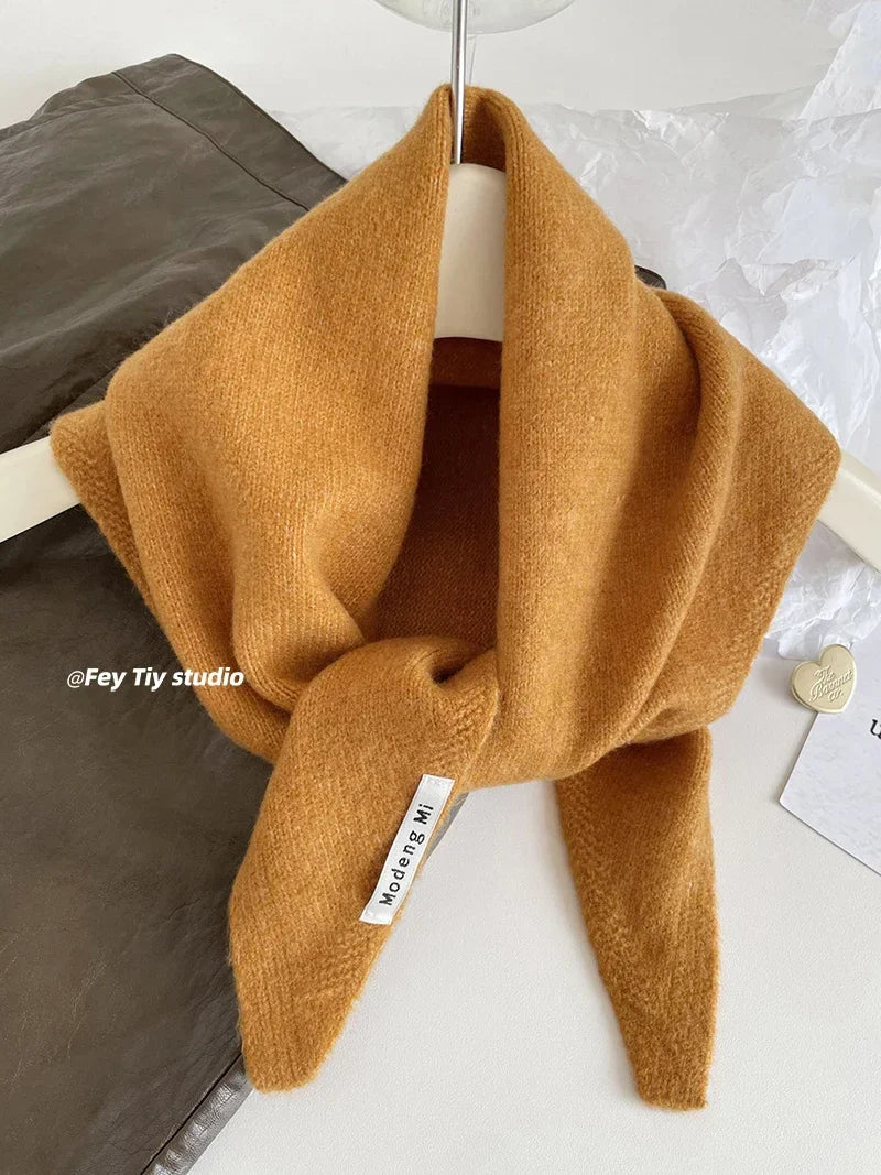 British Korean Style Wool Knitted Triangular Scarf – Multi-Functional Headscarf, Warm Knit Scarf for Women