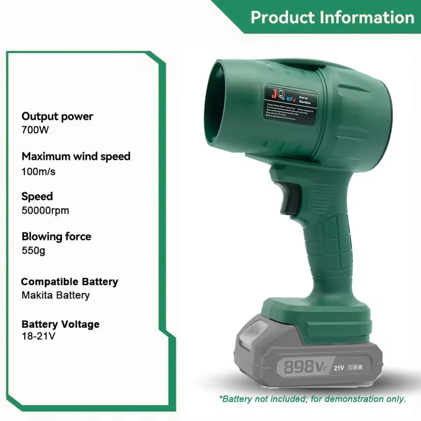 Powerful Turbo Air Blower – 550g Thrust Leaf, Snow & Sand Cleaner, 18V Makita Battery Required