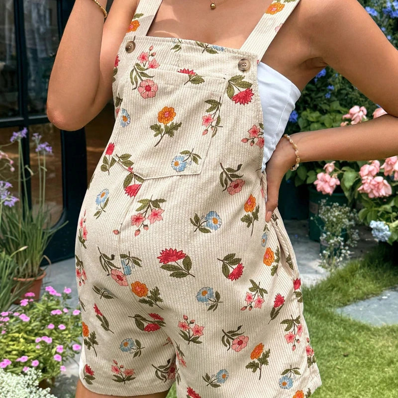 Women’s Maternity Jumpsuit – Casual Printed Pants with Adjustable Waist & Suspenders, Comfortable Pregnancy Shorts