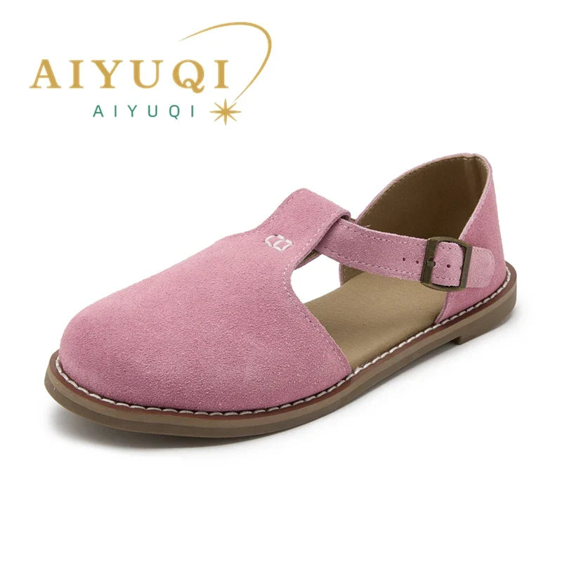 AIYUQI Women’s Retro Leather Sandals 2024 — Flat Sole Hollow Roman Style Summer Shoes