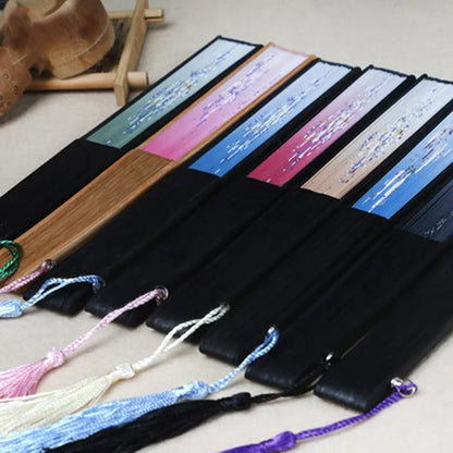 Chinese Japanese Silk Folding Fan with Wooden Shank - High-Quality Tassel Elegance for Home Decoration and Classical Dance