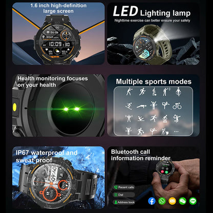 Military Smartwatch for Men – 360x360 HD Screen, Flashlight, Heart Rate, Health Monitor, Waterproof, BT Call for Android & iOS