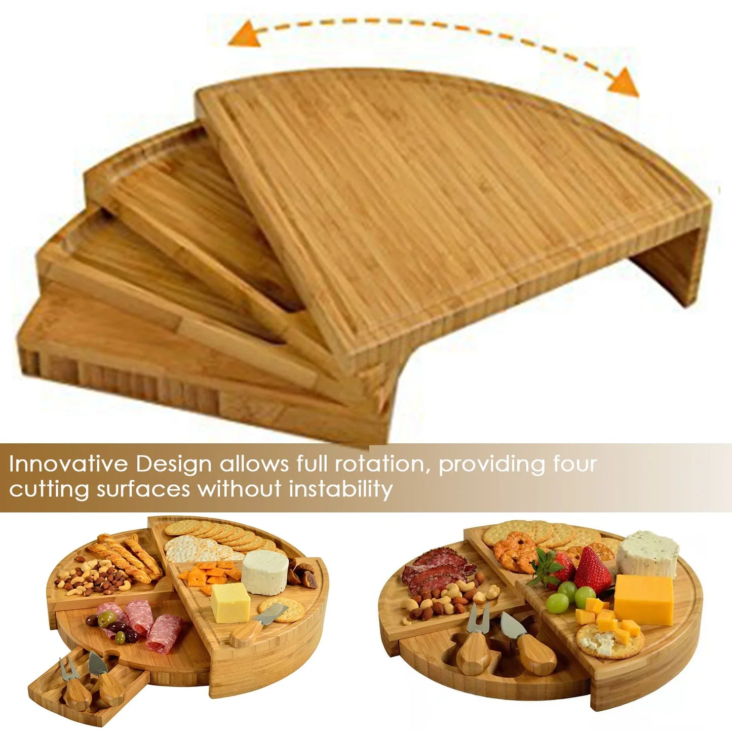 Bamboo Cheese Board with Knife Set – 37cm Rotating Serving Plate, Perfect for Gifts & Appetizers
