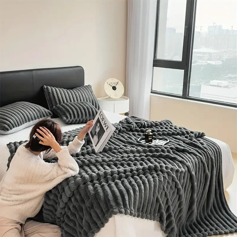 Simplicity Solid Color Flannel Blanket – Thick Wide Stripe Multifunctional Warm Blanket for Autumn & Winter