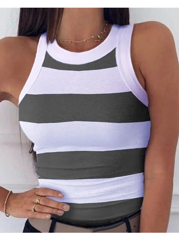 Women’s Summer Elastic Racerback Tank Top – O-Neck Stripe Print Sleeveless Basic Digital Print Sexy Casual T-Shirt