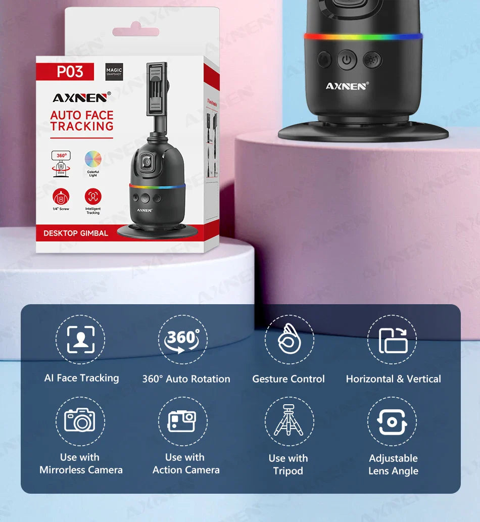 Smart Auto Face Tracking AI Gimbal – 360° Desktop Vlog Stabilizer for Smartphone & Action Camera (Tripod Optional)