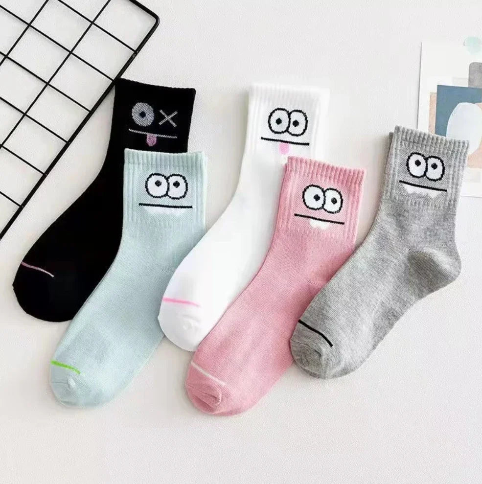 5 Pairs Happy Face Crew Socks – Cartoon Cat Cotton Mid Tube Socks, Breathable Women's Stockings & Hosiery