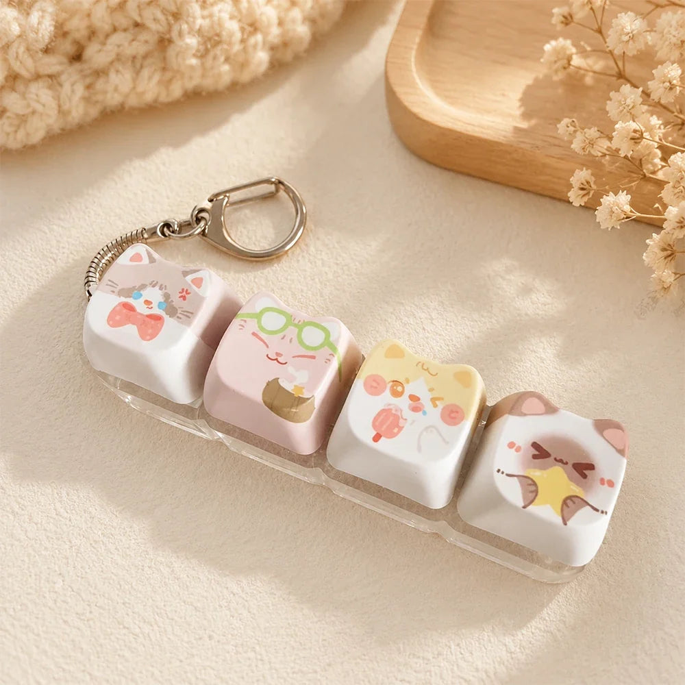 Cute Cat Relax Keycap Fidget Toy - Kawaii 4-Key Keyboard Keychain & Bag Charm Gift