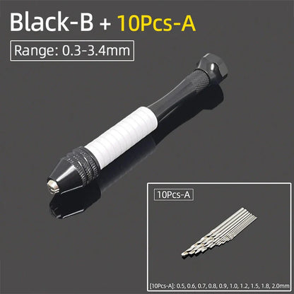 Mini Aluminum Hand Drill 0.3–3.4mm – Keyless Chuck Micro Rotary Tool with HSS Twist Drill Bit Set for Wood & DIY Crafts