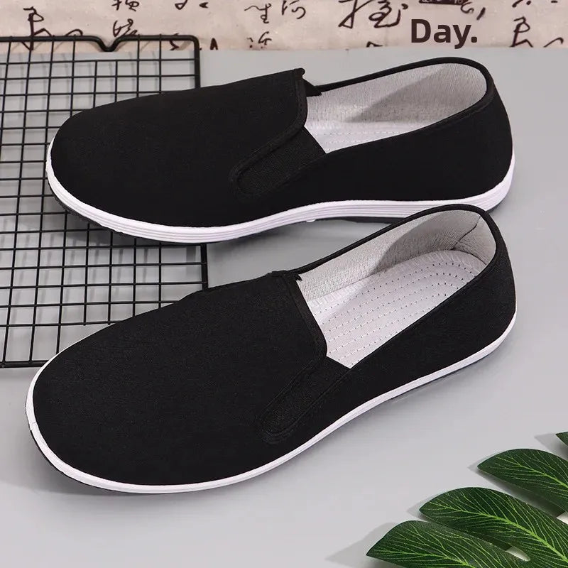 Men’s Old Cloth Slip-On Shoes – Breathable Black Canvas Casual & Driving Work Shoes