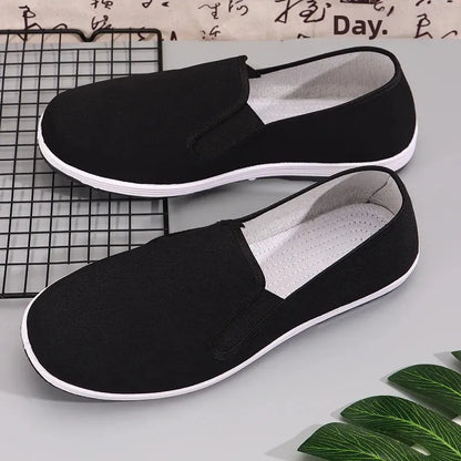 Men’s Old Cloth Slip-On Shoes – Breathable Black Canvas Casual & Driving Work Shoes