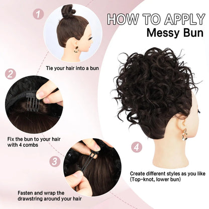 Synthetic Messy Bun Hair Piece – 60g Elastic Drawstring Curly Wave Hair Bun Extension for Women (Dark Brown)