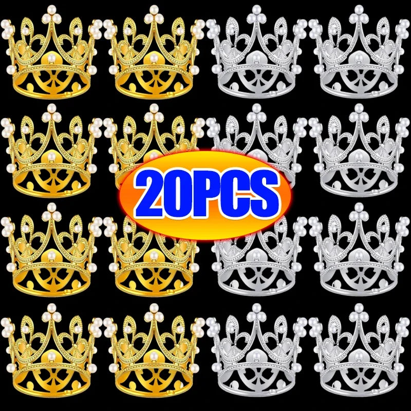 Mini Crown Cake Toppers: 20/1Pcs Pearl Tiara Decorations in Gold/Silver for Children's Hair Ornaments, Wedding, Birthday Party