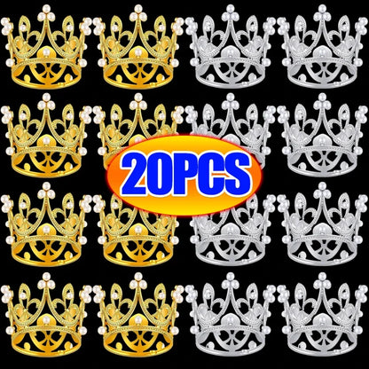 Mini Crown Cake Toppers: 20/1Pcs Pearl Tiara Decorations in Gold/Silver for Children's Hair Ornaments, Wedding, Birthday Party