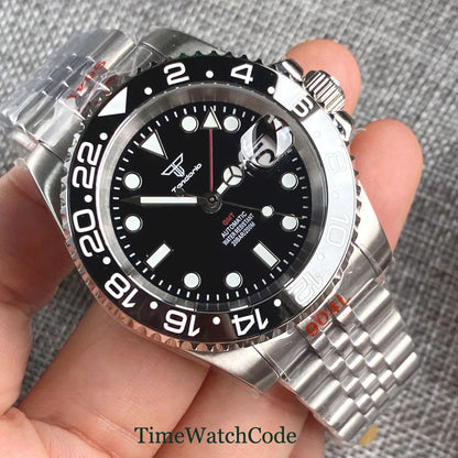 Tandorio 40mm Men’s Automatic Watch – NH34A Movement, GMT Function, Luminous Black Dial, Sapphire Crystal, Auto Date & Rotating Bezel