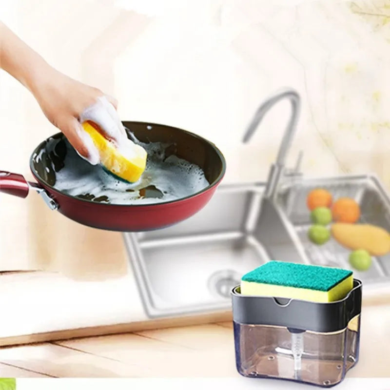 Kitchen Dish Soap Dispenser with Sponge Holder - Liquid Soap Pump for Convenient Cleaning, Sponge Caddy