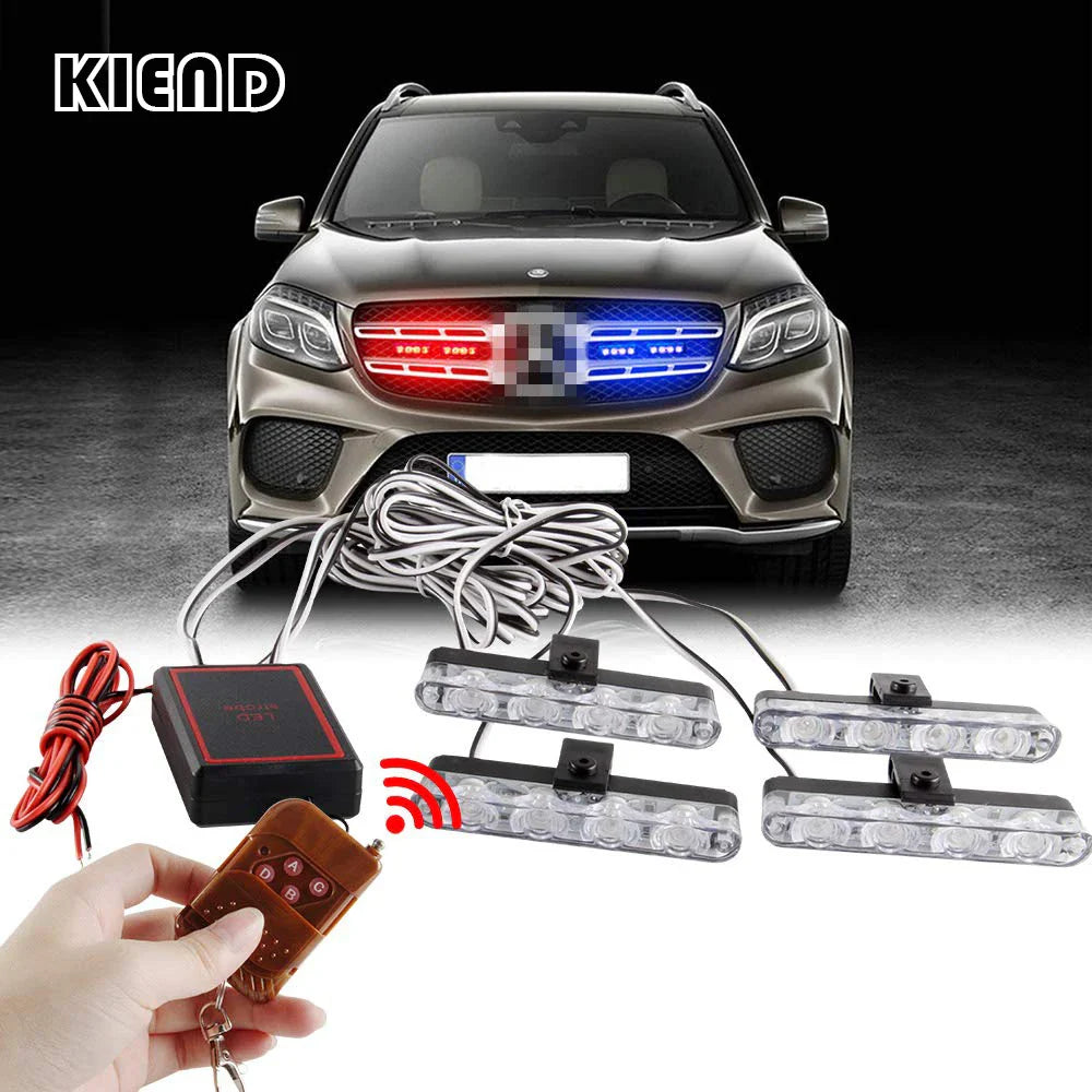 4 in 1 Red & Blue Emergency Strobe Lights - 12V Police Lights with Wireless Remote Control, Flash Grille Light for Cars, Trucks, Vans, and SUVs