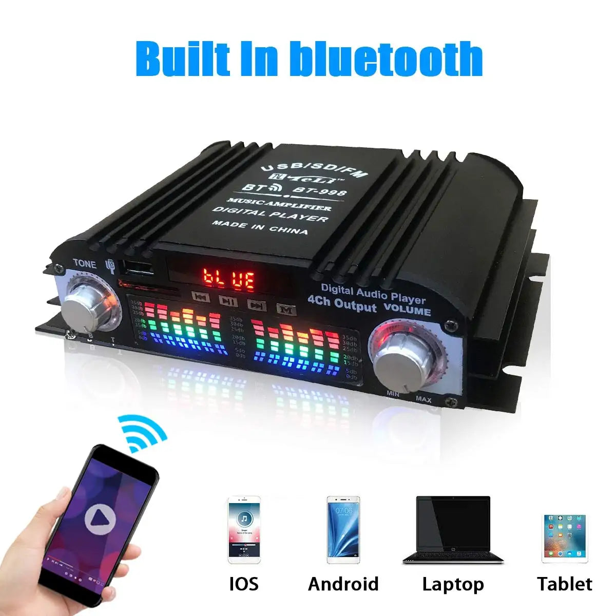 1600W Peak Power HiFi 4-Channel Digital Audio Amplifier – Bluetooth Karaoke Player with FM Radio & Remote Control