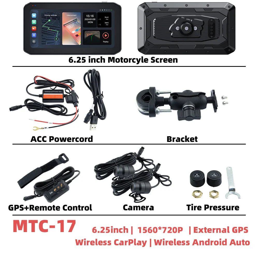 EKIY 6.25" Wireless CarPlay Motorcycle Display – Android Auto GPS Navigation Screen with TPMS Monitoring Portable Dashboard Unit