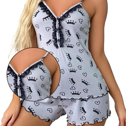 Summer Sexy Two-Piece Women's Pajama Set: Deep V-Neck Tops and Shorts Pajama Suit for Ladies Nightwear