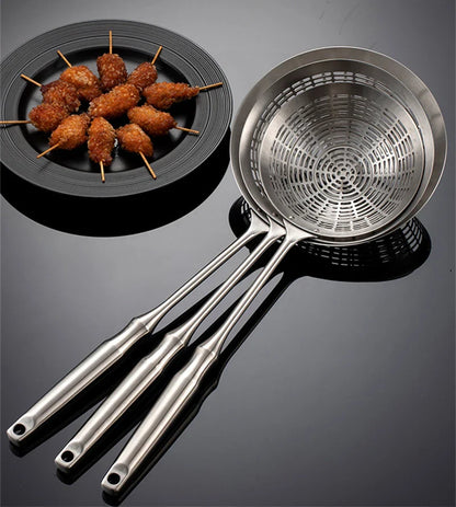 3 Sizes Round 304 Stainless Steel Strainer Set – Long Handle Kitchen Sieves for Hot Pot, Oil Filter & Cooking Tools