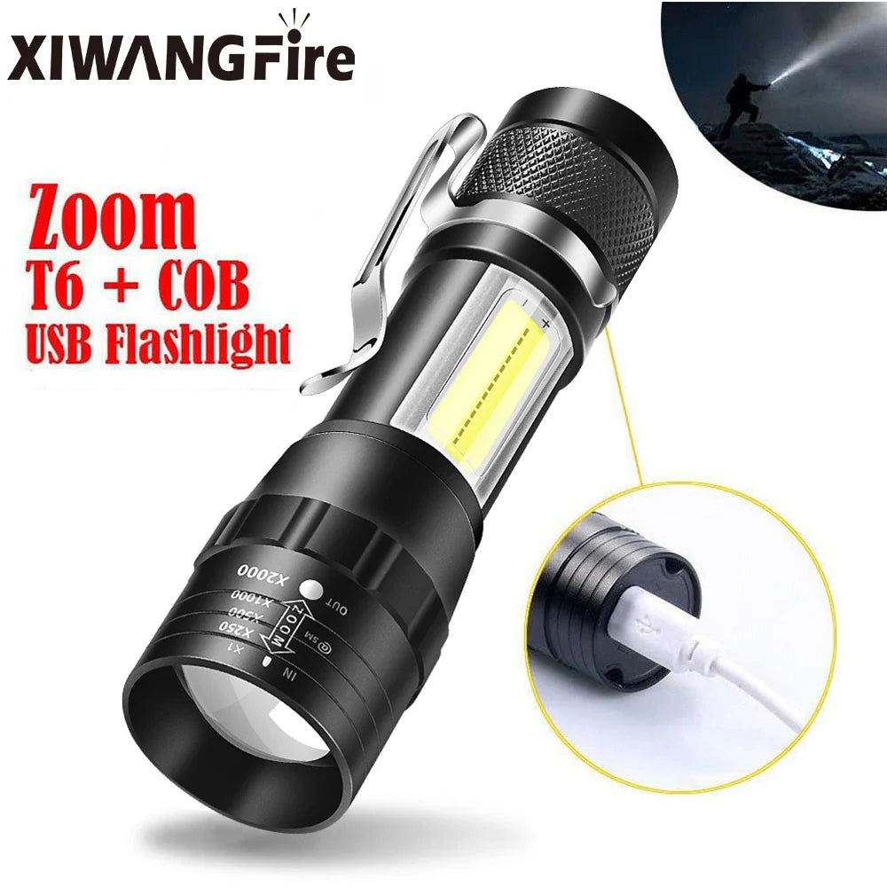 T6 COB Rechargeable LED Flashlight – Portable, Waterproof Emergency Torch with Built-in Battery and Zoom Function | 3 Modes