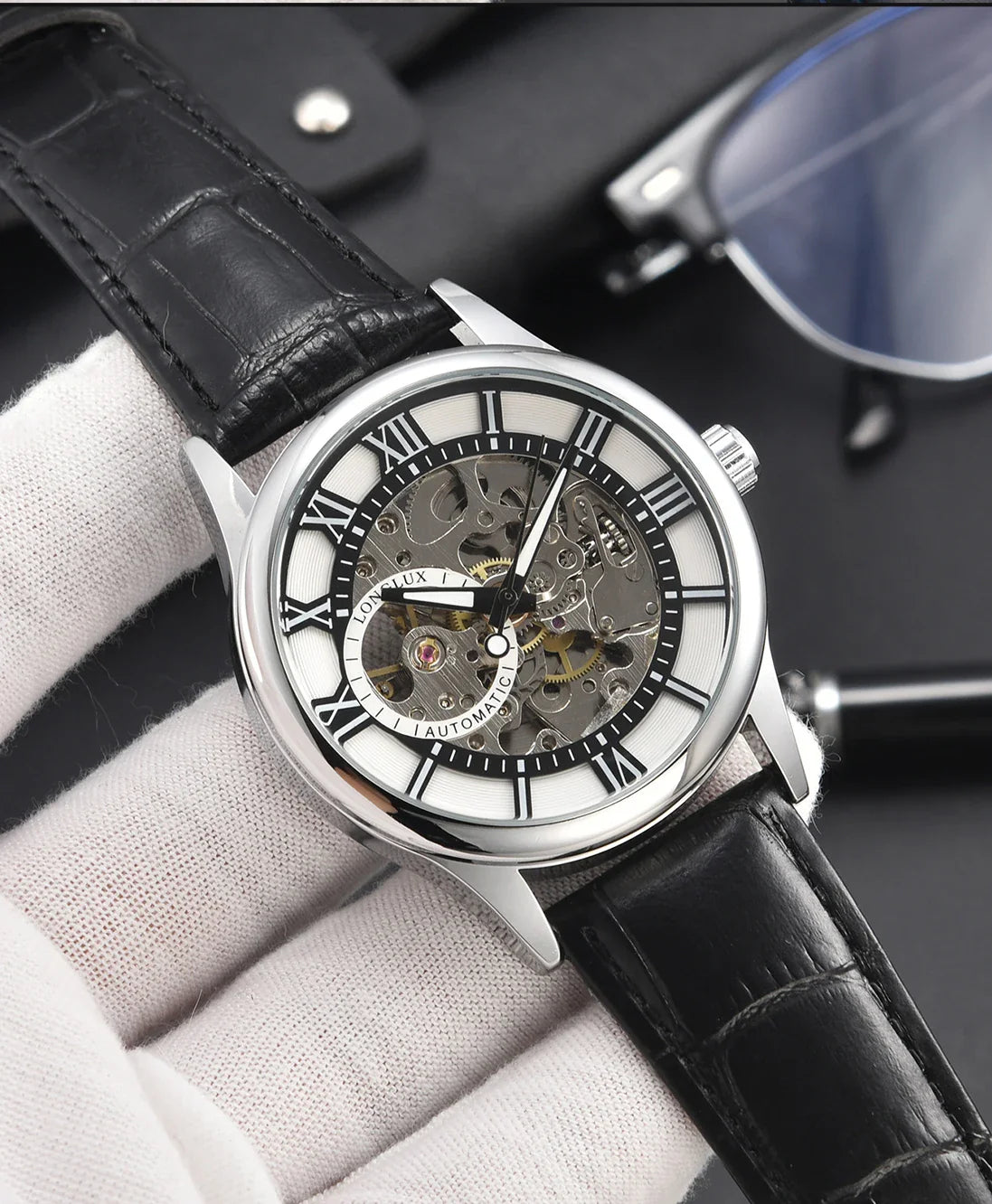 LONGLUX Rome Automatic Mechanical Waterproof Men’s Watch – Hollow Dial Leather Wristwatch Gift