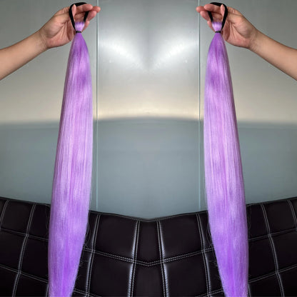 2Pcs Purple Synthetic Ponytail Extensions – Long Straight Hair Accessories with Rubber Bands for Women & Halloween