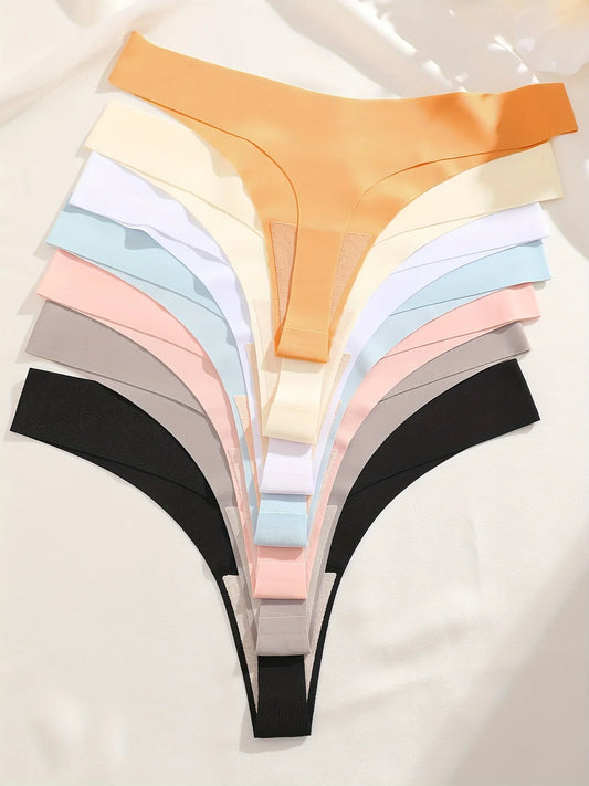 FINETOO 6PCS Seamless Ice Silk Thongs for Women – Breathable T-Back Crotch Briefs, Sexy Solid Tanga Lingerie in 10 Colors