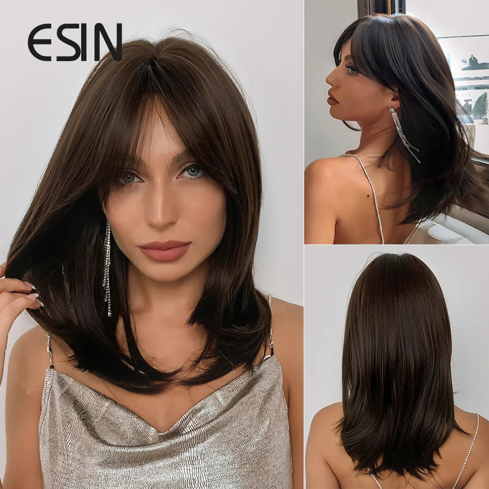 ESIN Synthetic Dark Brown Wig for Women - Long Wavy Wig with Bangs, Heat Resistant for Party & Daily Use