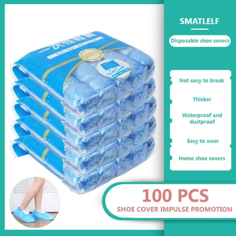 100pcs Disposable Waterproof Boot Covers – Non-Slip, Plastic Overshoes for Rain & Mud Protection