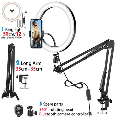 LED Selfie Ring Light with Phone Stand – Folding Arm, Dimmable Circle Fill Light & Tripod for YouTube & Streaming