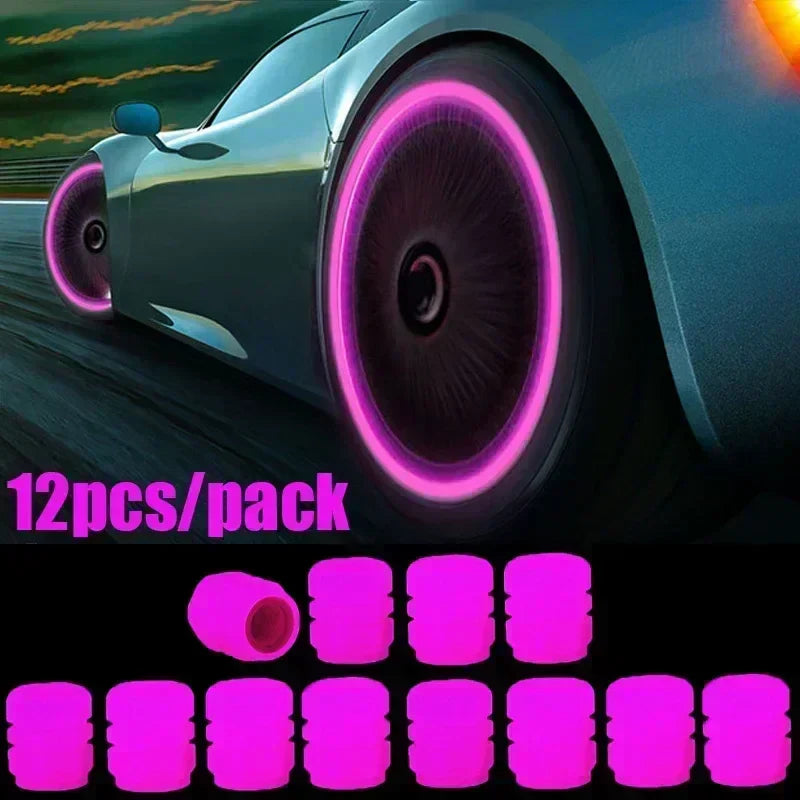12Pcs Luminous Valve Stem Caps - Fluorescent Night Glowing Wheel Hub Caps for Motorcycle, Bicycle and Car Tyres