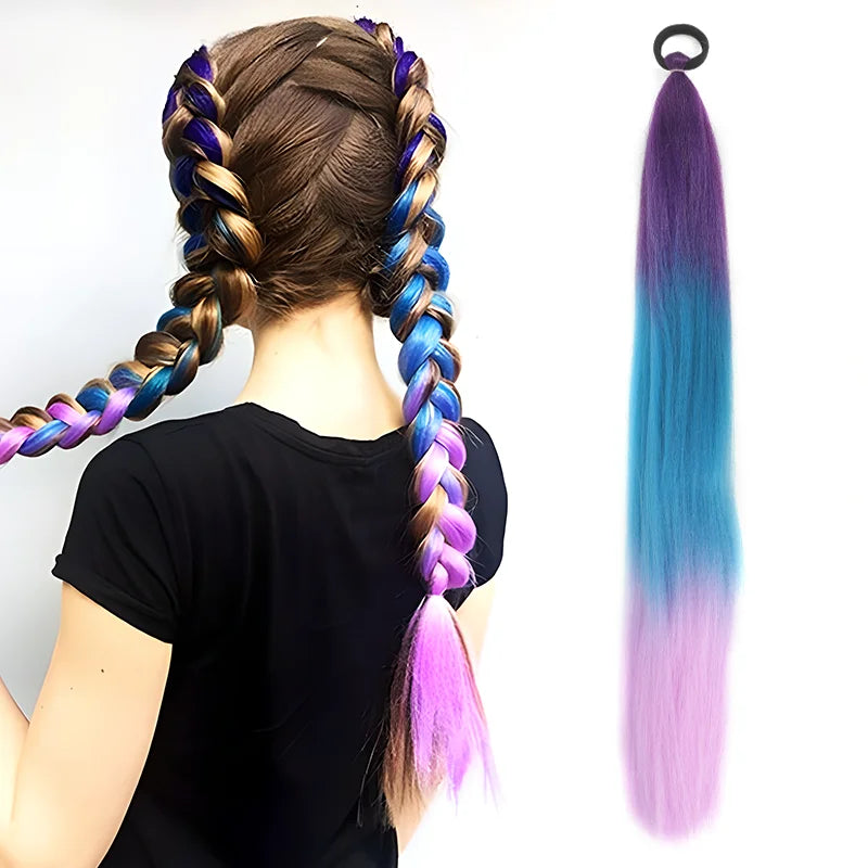 26" Synthetic Ponytail Extension - Long Straight Ombre Pink Purple Blue Hair with Elastic Tie