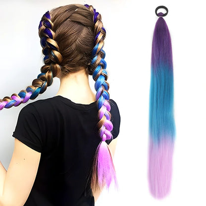 26" Synthetic Ponytail Extension - Long Straight Ombre Pink Purple Blue Hair with Elastic Tie