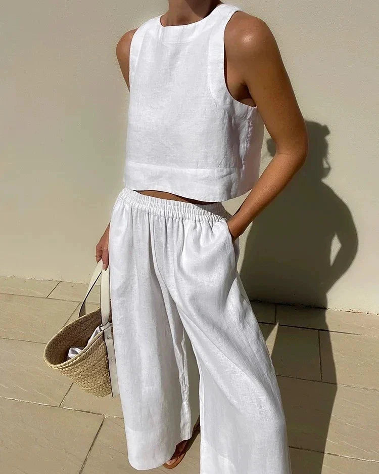 Women Cotton Linen 2-Piece Set – Sleeveless Lace-Up Top & Drawstring Long Pants Summer Commuting Outfit 2023 Fashion