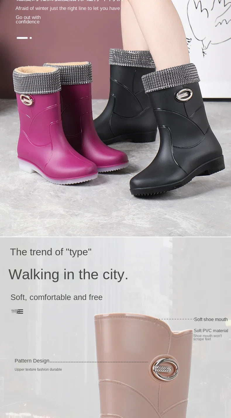 Women’s Fashion Mid-Tube Rain Boots – Wear-Resistant, Waterproof Rubber Shoes with Thick Sole, Non-Slip & Cotton Lining