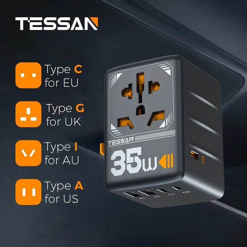 TESSAN 65W GaN International Travel Adapter – USB Type-C Universal Power Adapter with EU/UK/USA/AUS Plugs
